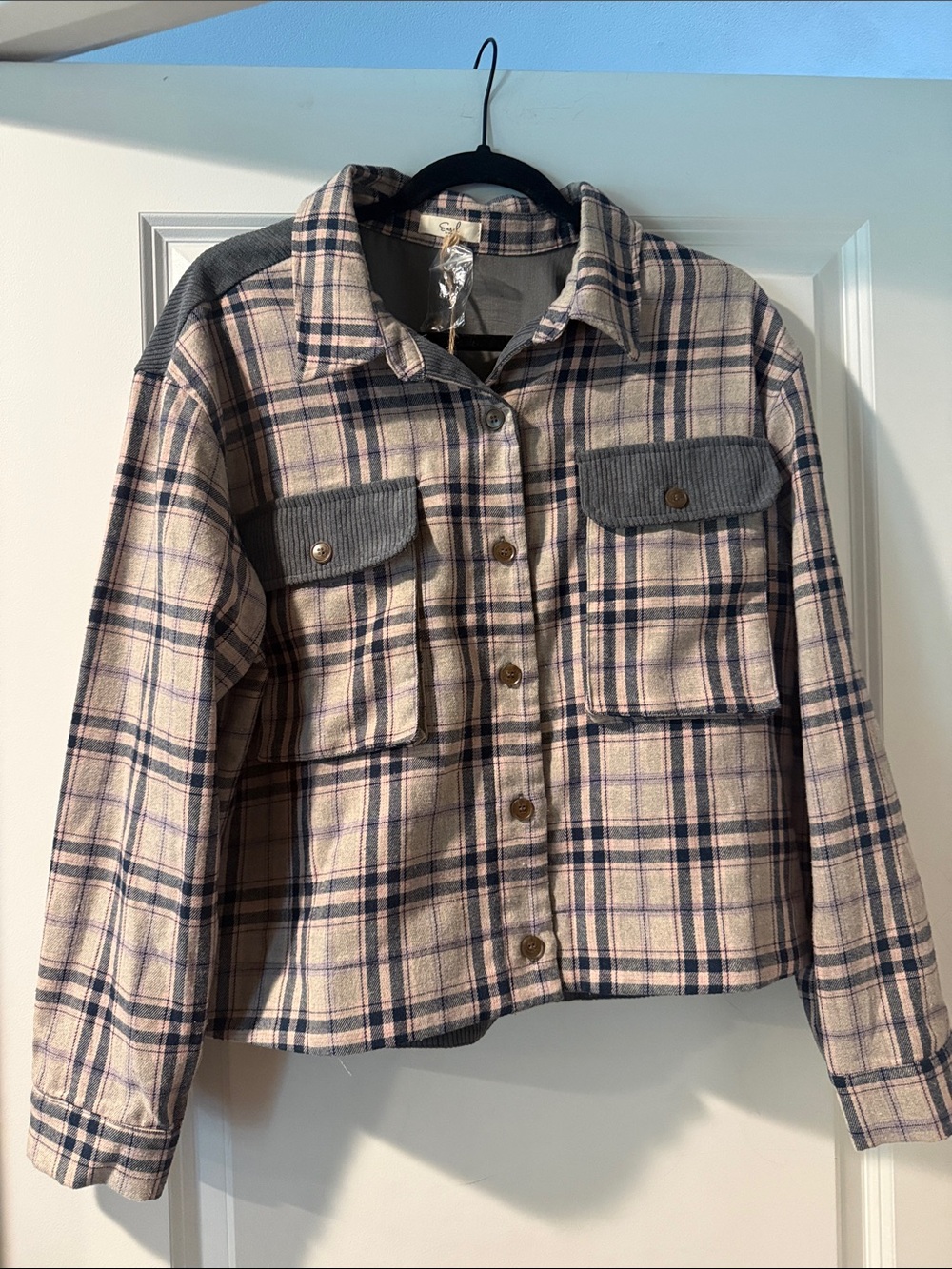 easel Plaid Button-Front Shacket in Cream & Navy